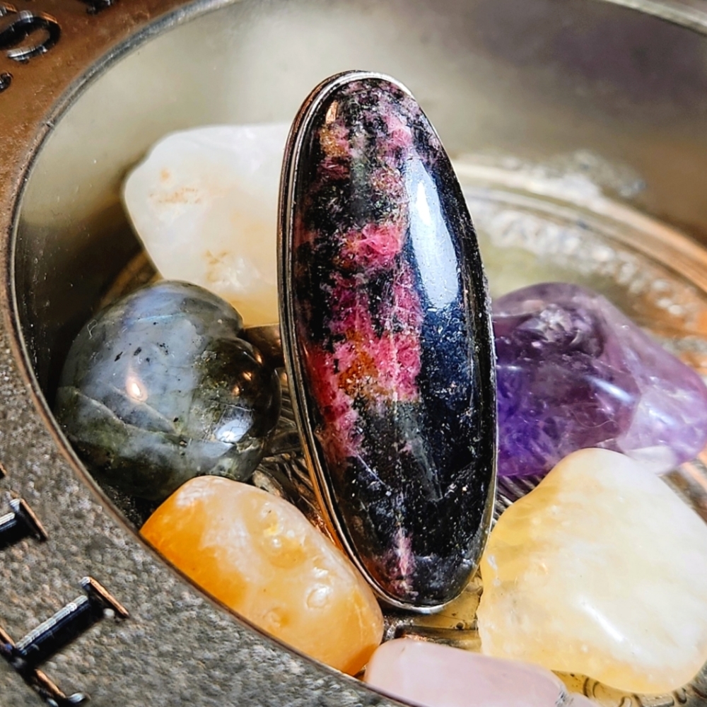 S-6 1/2, Long And Chunky, Oval-Shaped, Genuine Rhodonite Cabochon Ring.